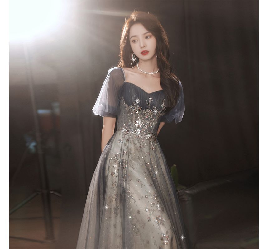 A-Line Gown Short-Sleeve Evening Mesh Sequin