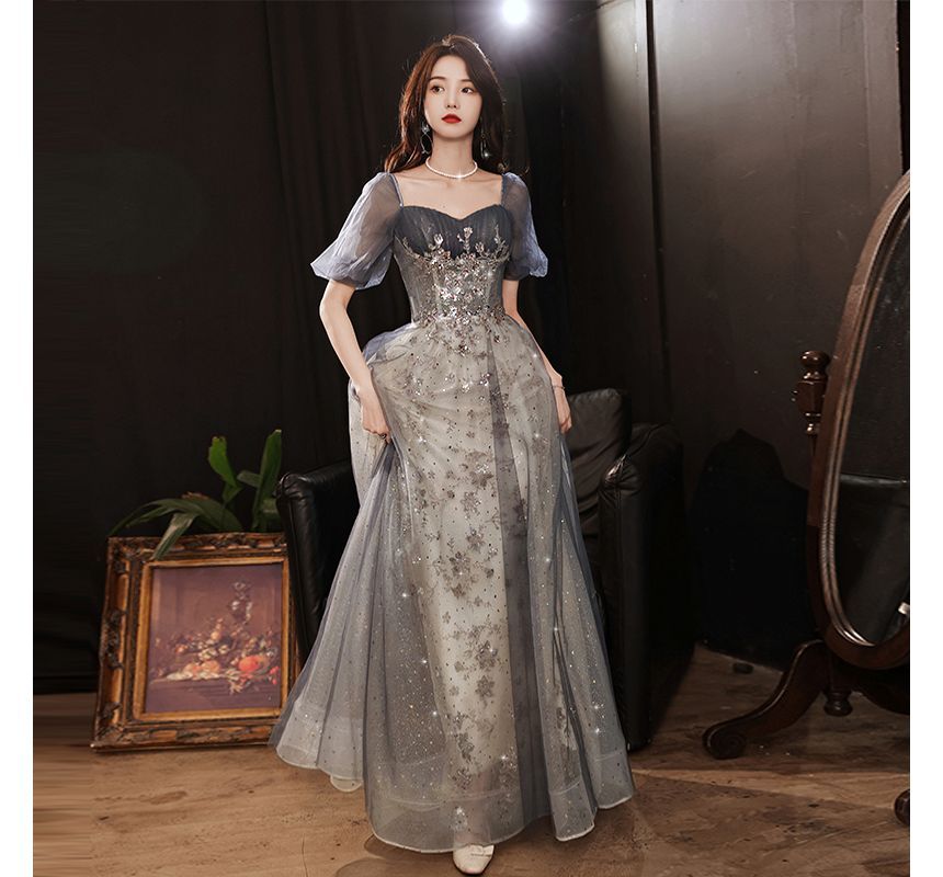 A-Line Gown Short-Sleeve Evening Mesh Sequin