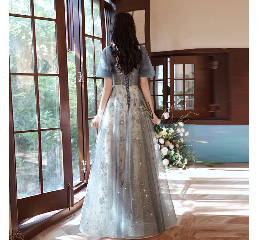 A-Line Gown Short-Sleeve Evening Mesh Sequin