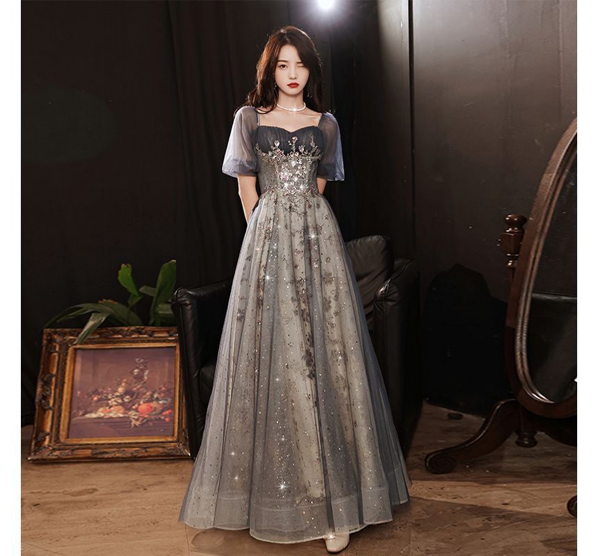 A-Line Gown Short-Sleeve Evening Mesh Sequin