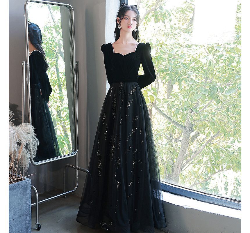 Bead Trim Evening Puff-Sleeve Glitter A-Line Gown