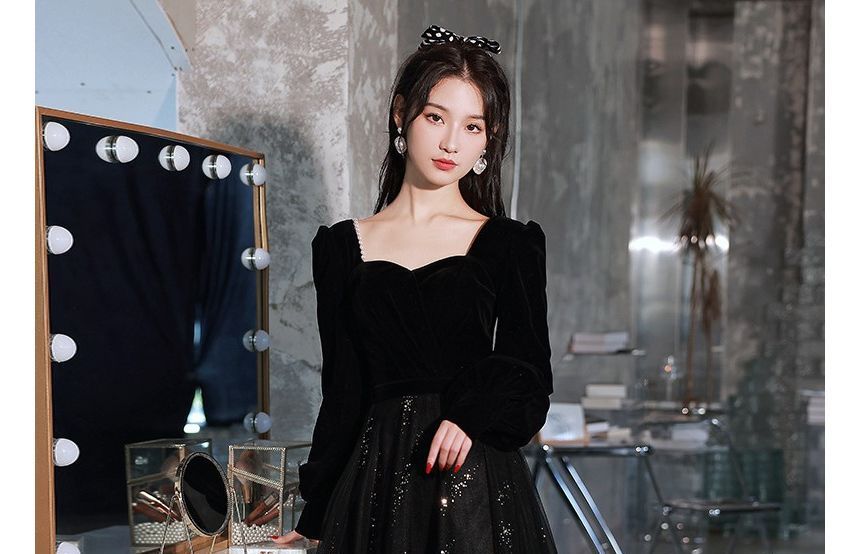 Bead Trim Evening Puff-Sleeve Glitter A-Line Gown