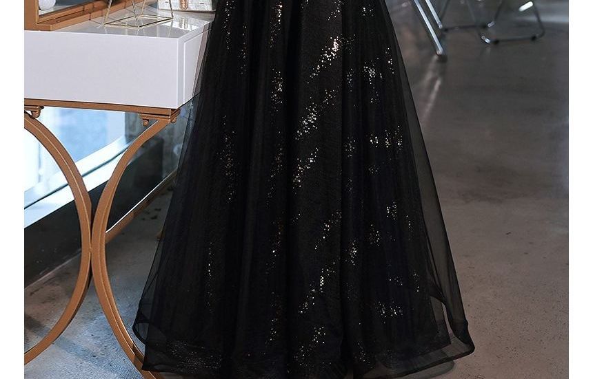 Bead Trim Evening Puff-Sleeve Glitter A-Line Gown