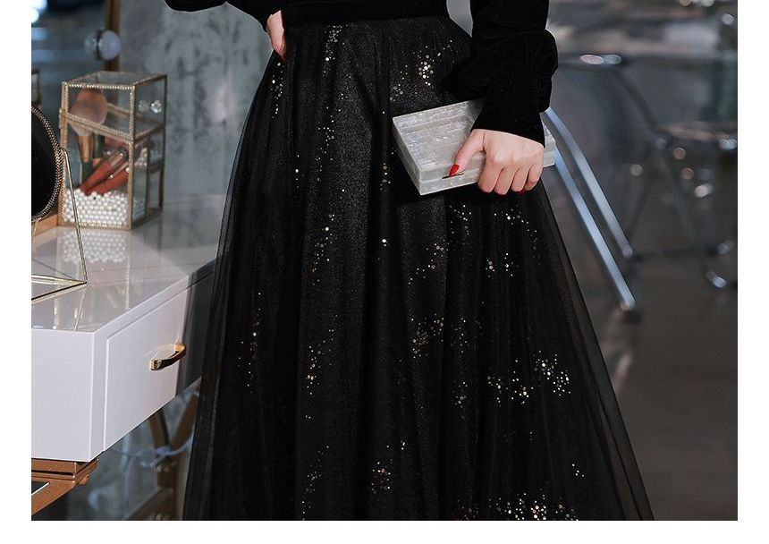 Bead Trim Evening Puff-Sleeve Glitter A-Line Gown