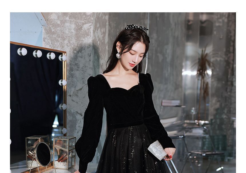 Bead Trim Evening Puff-Sleeve Glitter A-Line Gown