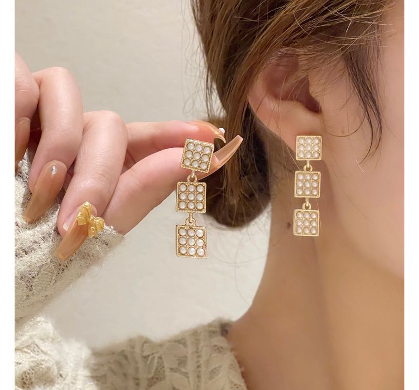 Pearl Faux Square Dangle Alloy Earring