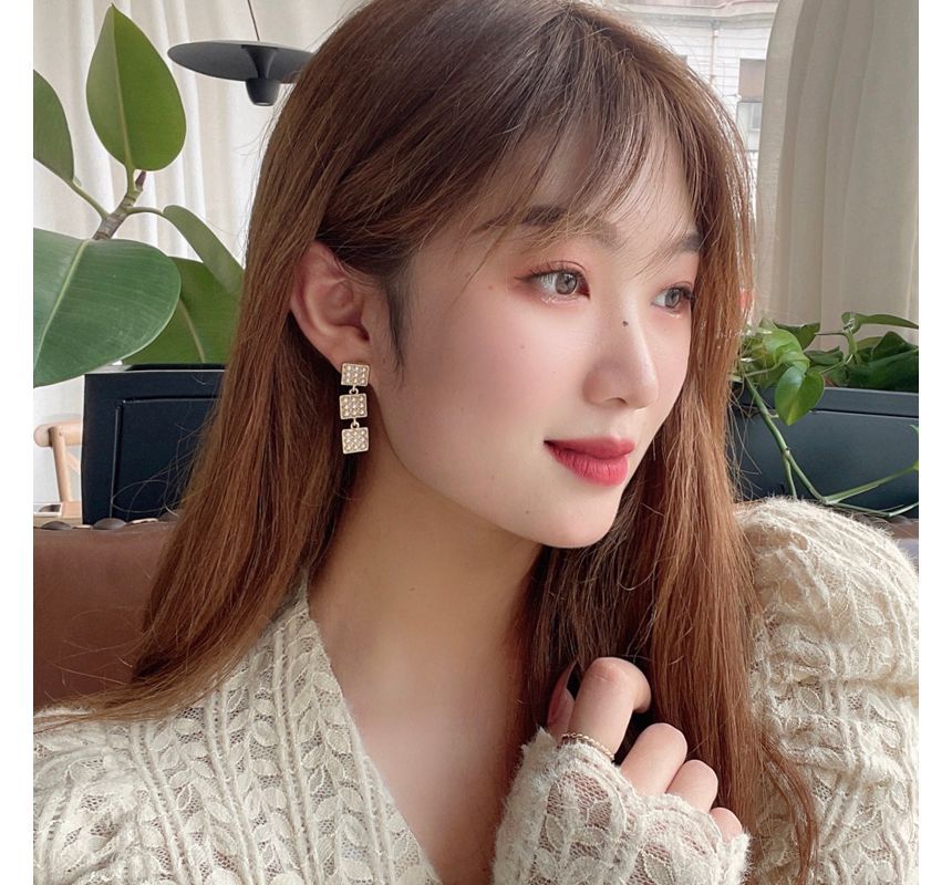 Pearl Faux Square Dangle Alloy Earring