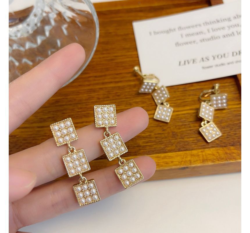 Pearl Faux Square Dangle Alloy Earring