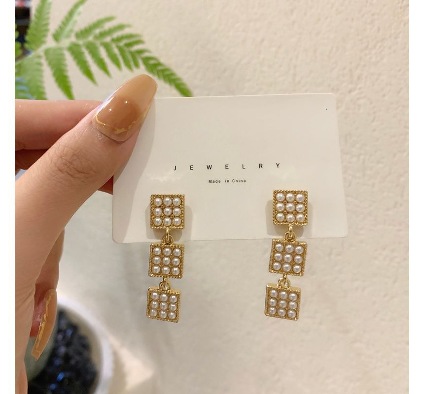 Pearl Faux Square Dangle Alloy Earring