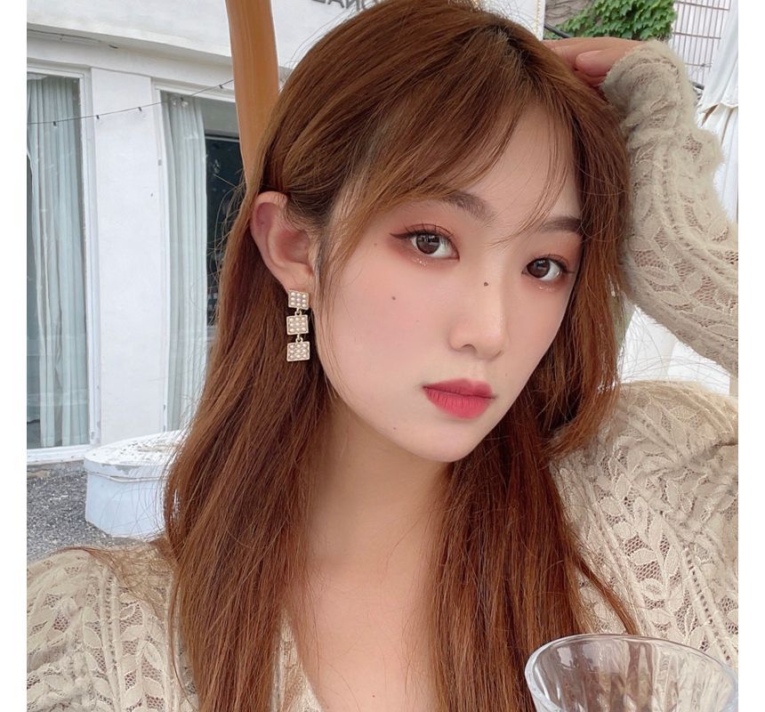 Pearl Faux Square Dangle Alloy Earring