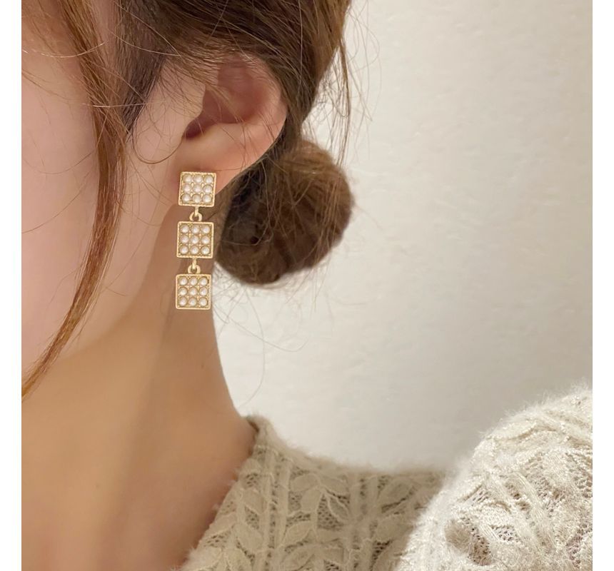 Pearl Faux Square Dangle Alloy Earring