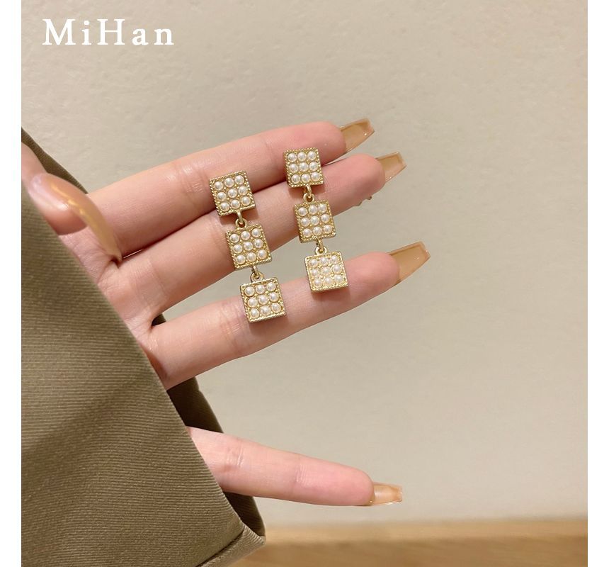 Pearl Faux Square Dangle Alloy Earring