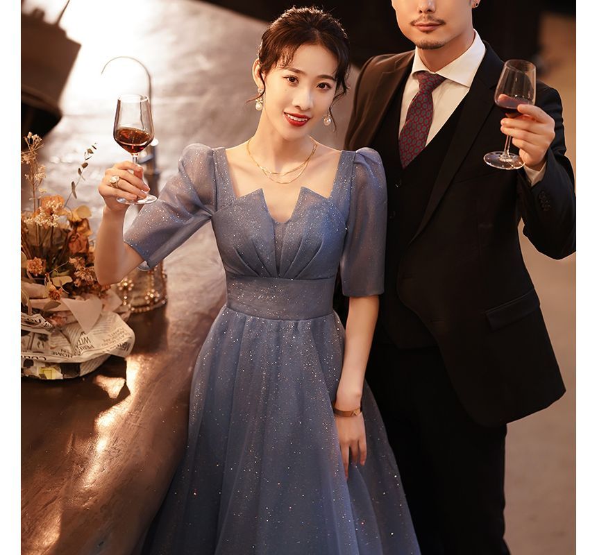 Gown Short-Sleeve A-Line Mesh Evening Notched