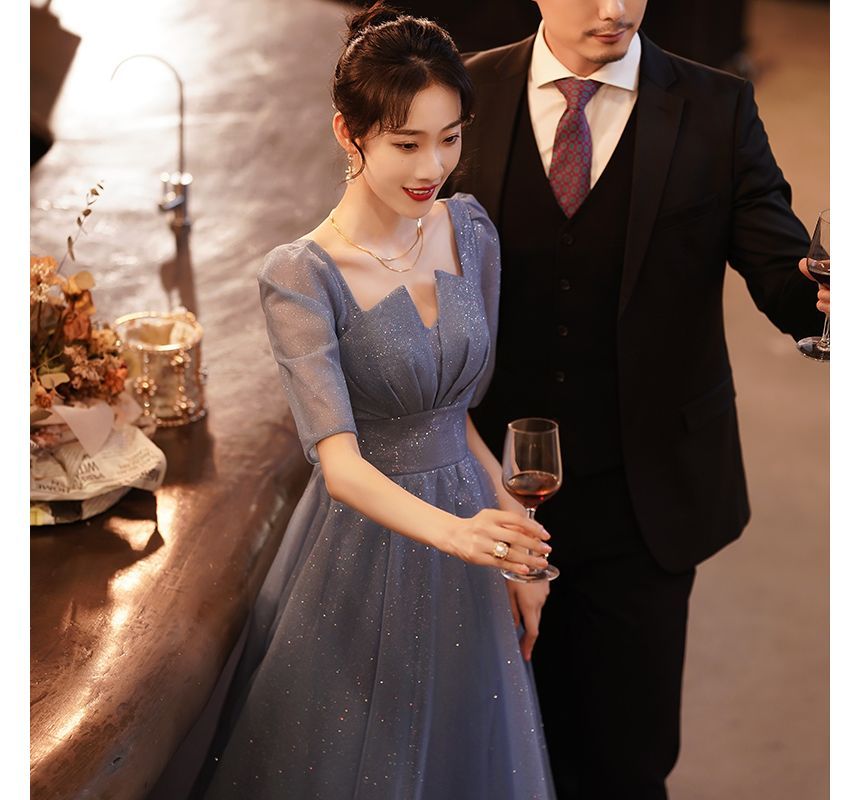 Gown Short-Sleeve A-Line Mesh Evening Notched