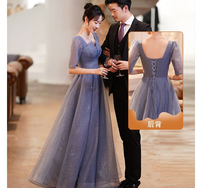 Gown Short-Sleeve A-Line Mesh Evening Notched