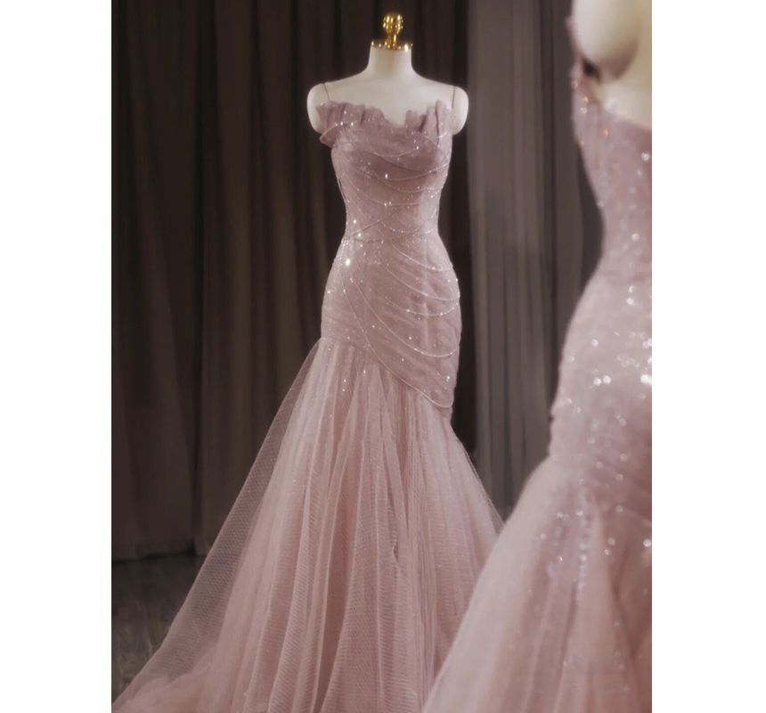 Evening Mesh Gown Strapless Trained Mermaid