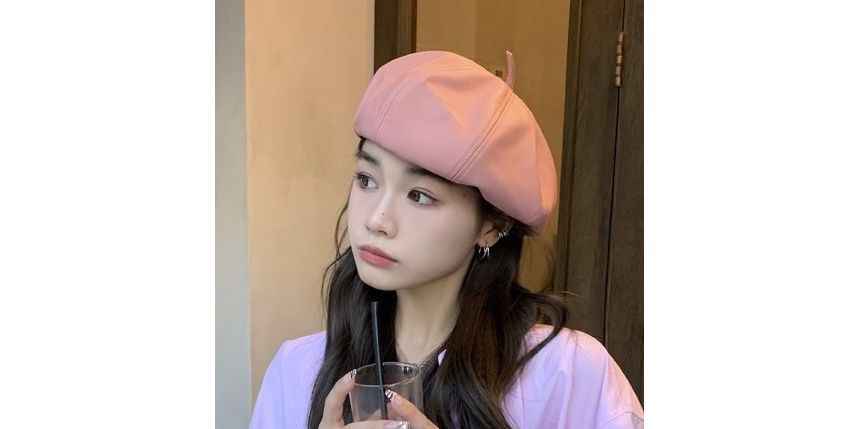 Plain Beret Leather Hat Faux