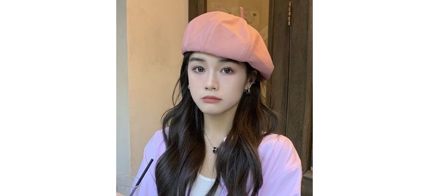 Plain Beret Leather Hat Faux