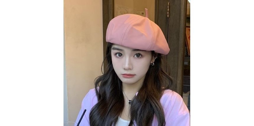 Plain Beret Leather Hat Faux