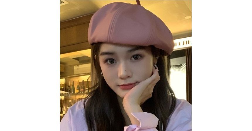 Plain Beret Leather Hat Faux