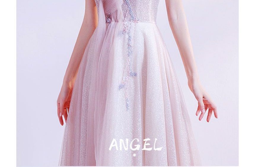 Gown Evening A-Line Floral Off-Shoulder Glitter