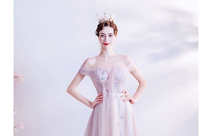 Gown Evening A-Line Floral Off-Shoulder Glitter