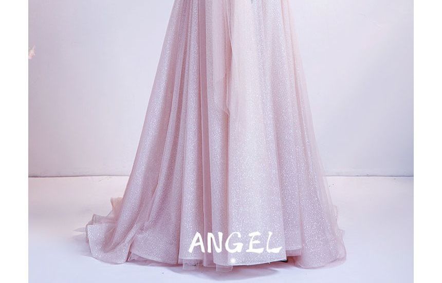 Gown Evening A-Line Floral Off-Shoulder Glitter