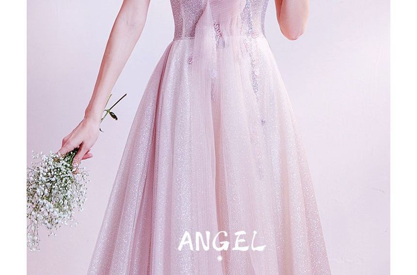 Gown Evening A-Line Floral Off-Shoulder Glitter