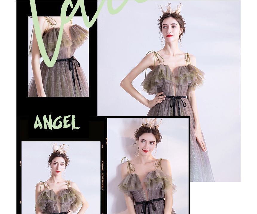 Evening A-Line Strap Gown Gradient Spaghetti Glitter Mesh