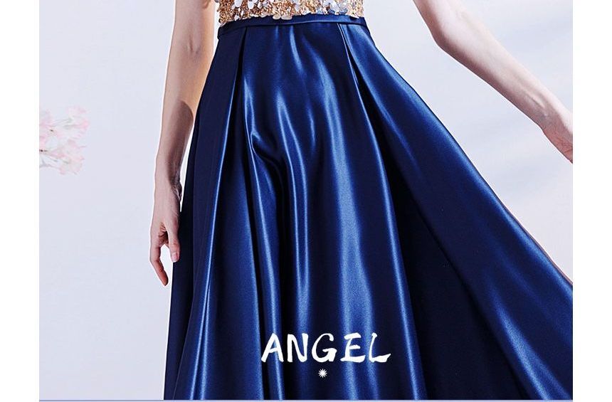 A-Line Sequin Mesh Gown Neck Short-Sleeve Crew Evening