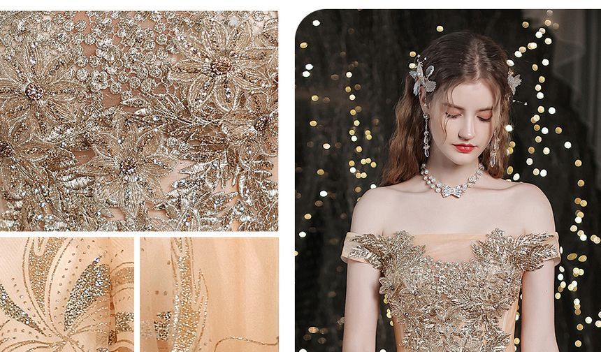 Floral Gown Off-Shoulder A-Line Sequin Evening