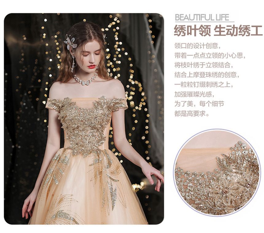 Floral Gown Off-Shoulder A-Line Sequin Evening