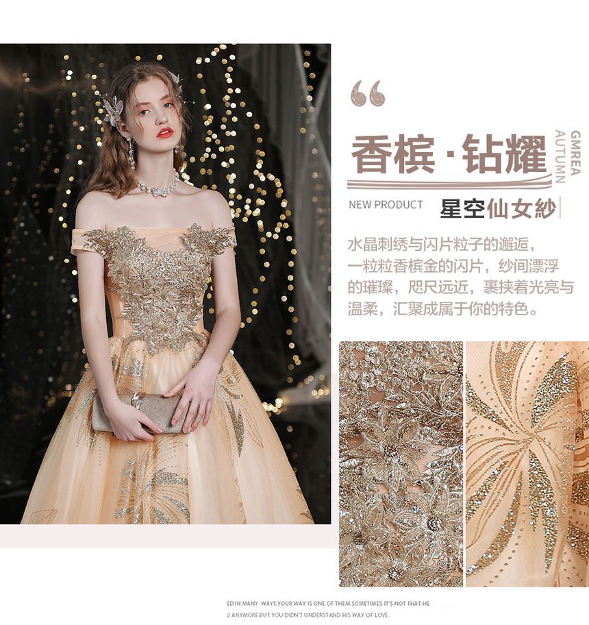 Floral Gown Off-Shoulder A-Line Sequin Evening