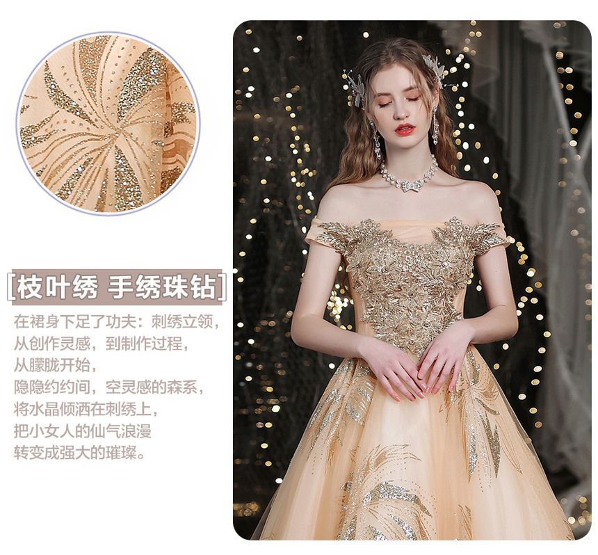 Floral Gown Off-Shoulder A-Line Sequin Evening