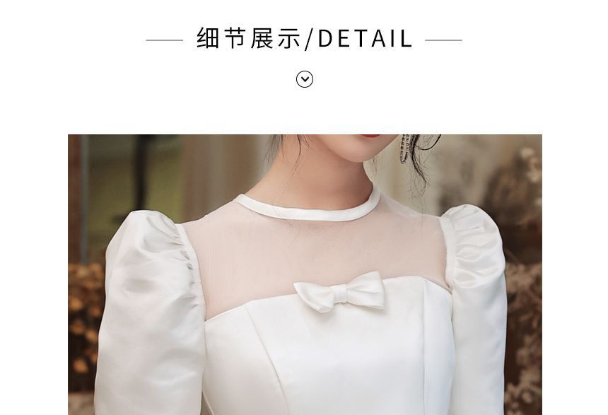Gown Wedding A-Line Neck Panel Crew Mesh Bow Puff-Sleeve