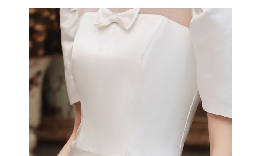 Gown Wedding A-Line Neck Panel Crew Mesh Bow Puff-Sleeve