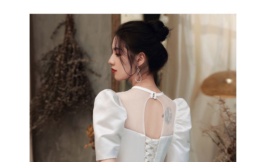 Gown Wedding A-Line Neck Panel Crew Mesh Bow Puff-Sleeve