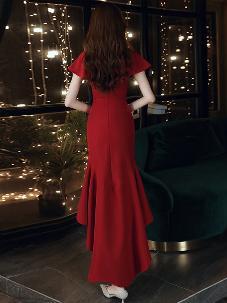 V-Neck Ruffle Sleeve Printed Asymmetrical A-Line Cocktail Dress