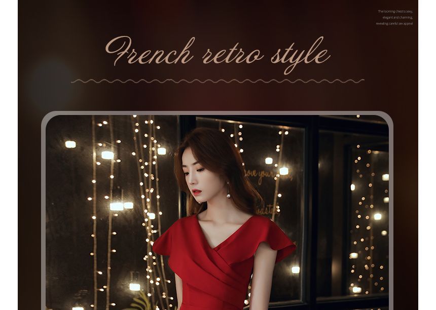 V-Neck Ruffle Sleeve Printed Asymmetrical A-Line Cocktail Dress