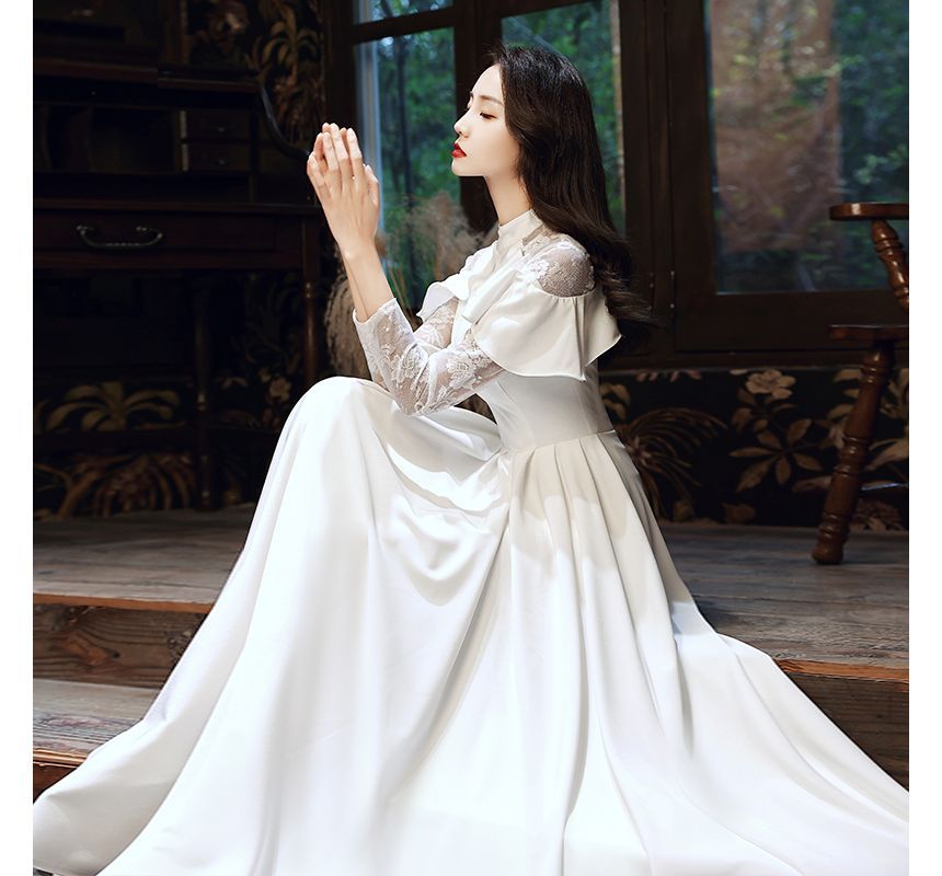 Long-Sleeve Panel Ruffled Gown Wedding Designs) (Various A-Line Lace