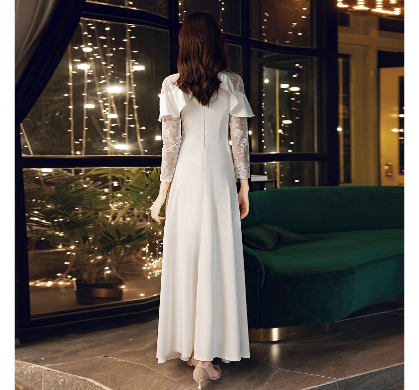 Long-Sleeve Panel Ruffled Gown Wedding Designs) (Various A-Line Lace