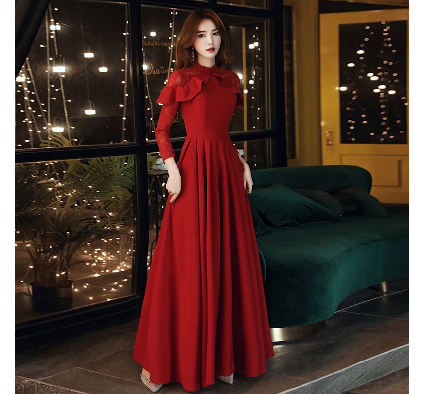 Long-Sleeve Panel Ruffled Gown Wedding Designs) (Various A-Line Lace