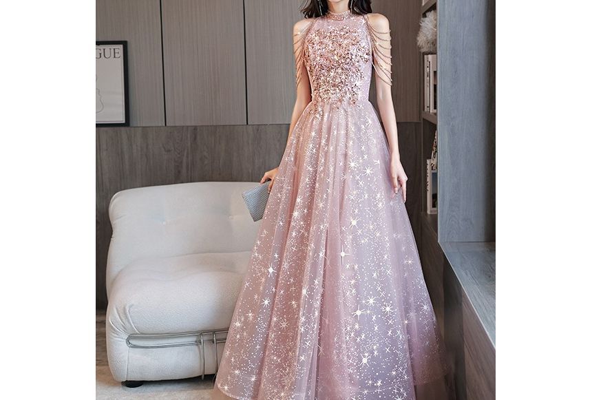 Halter-Neck Sequined Chained Star Print A-Line Mesh Evening Gown