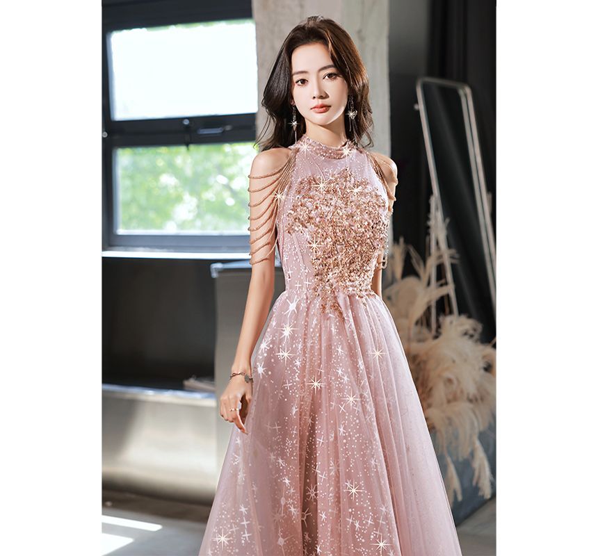 Mesh Gown Halter-Neck Sequined A-Line Evening Star Print Chained