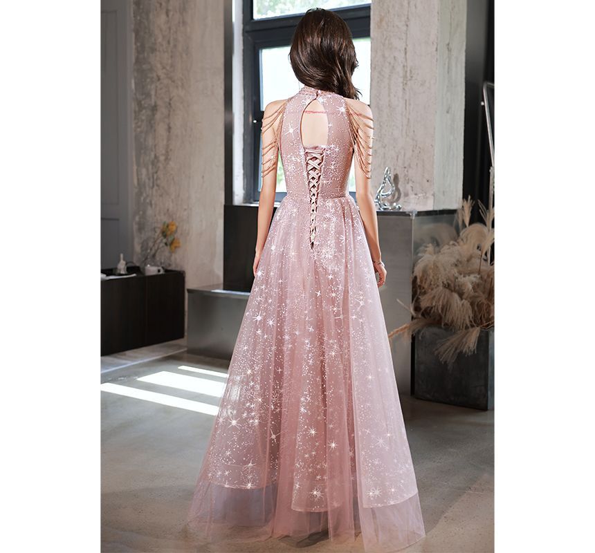 Mesh Gown Halter-Neck Sequined A-Line Evening Star Print Chained