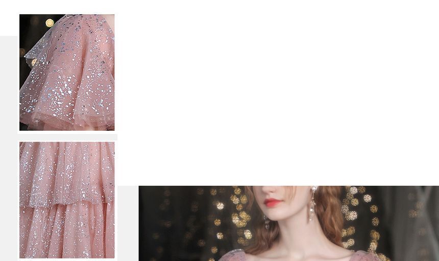 Sweetheart-Neckline Evening Sequined Short-Sleeve A-Line Gown Layered