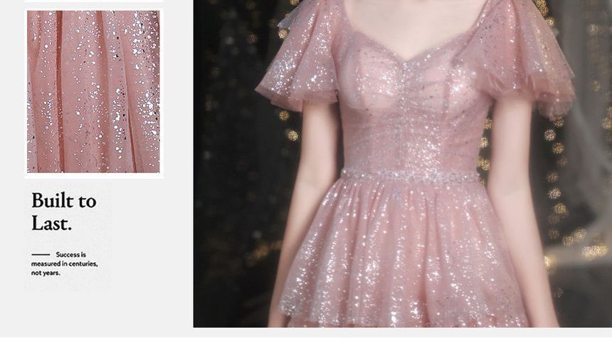 Sweetheart-Neckline Evening Sequined Short-Sleeve A-Line Gown Layered