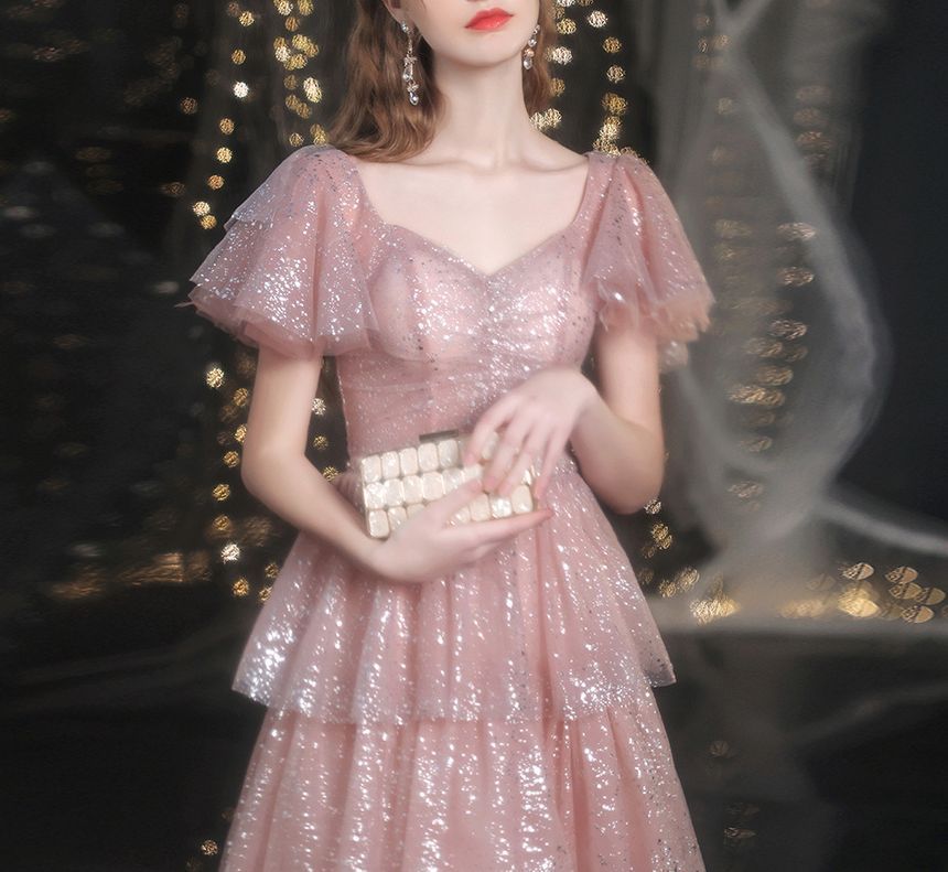 Sweetheart-Neckline Evening Sequined Short-Sleeve A-Line Gown Layered