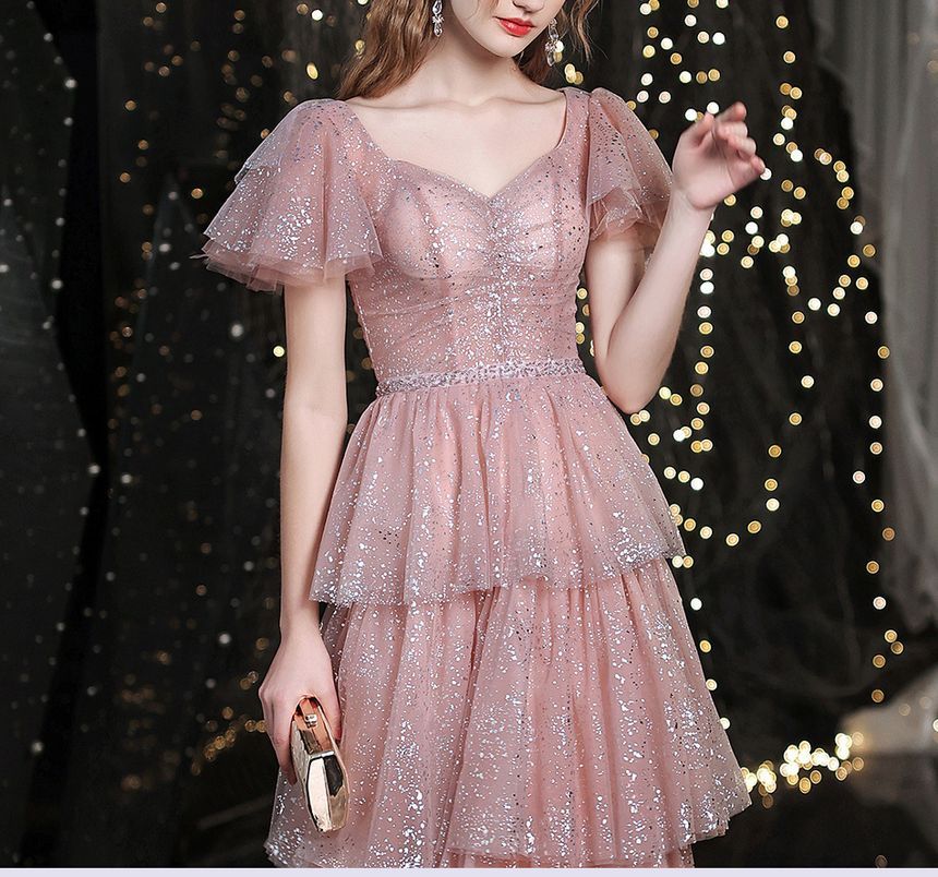 Sweetheart-Neckline Evening Sequined Short-Sleeve A-Line Gown Layered
