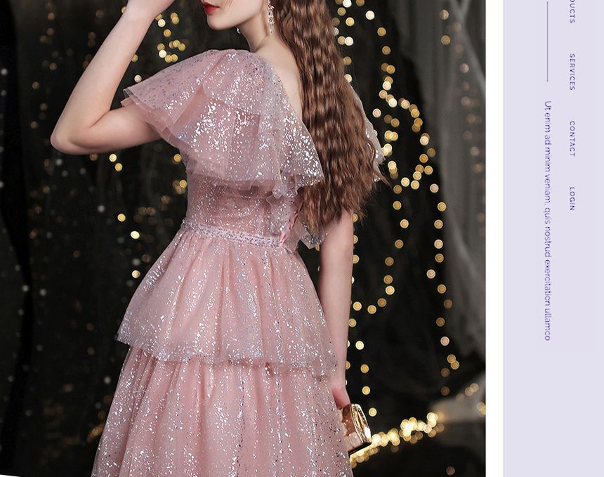 Sweetheart-Neckline Evening Sequined Short-Sleeve A-Line Gown Layered